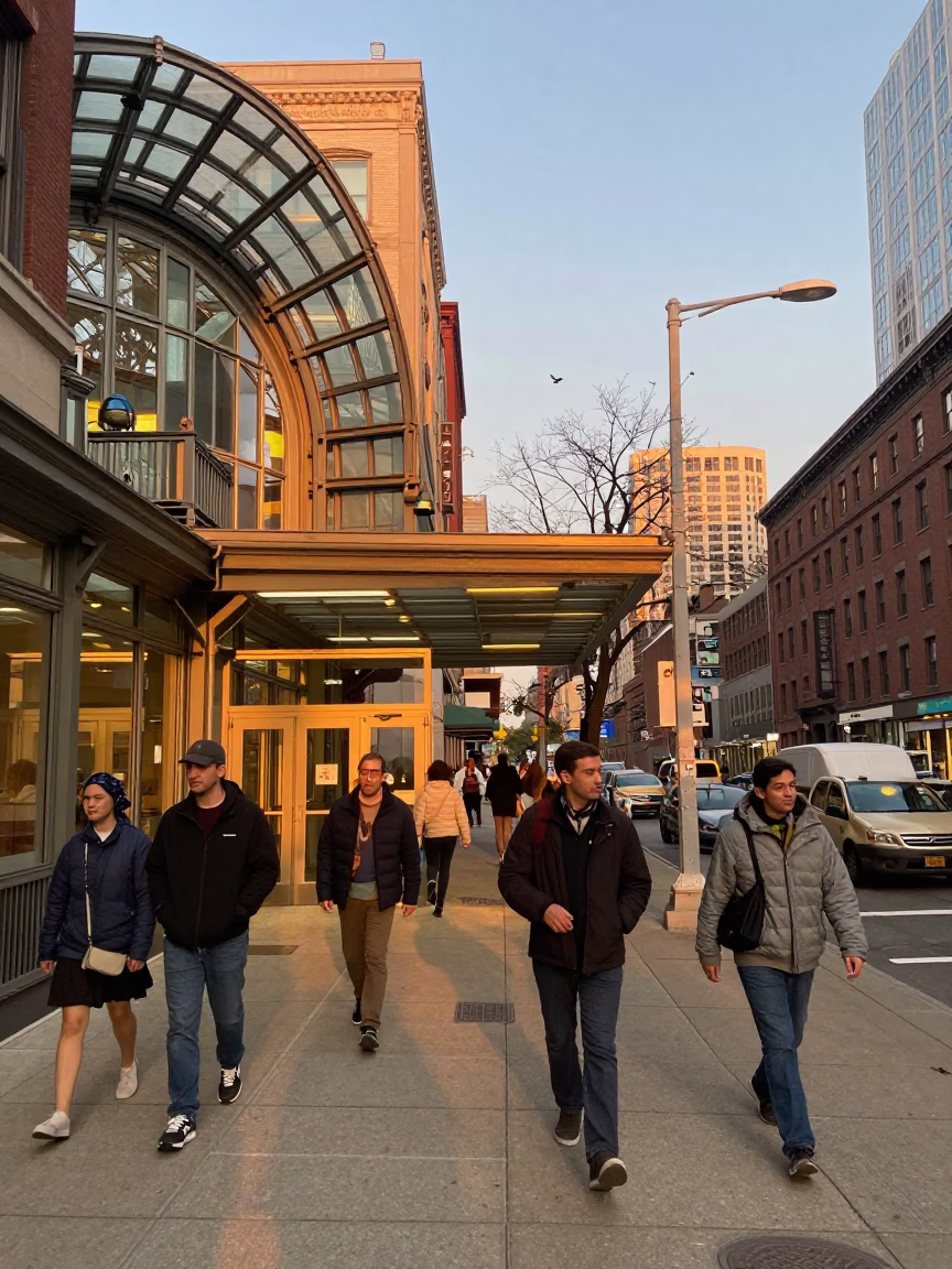 Busy Boston Street Scene in Honeyed Evening Light with Glass and Steel Train Station in in Boston, Massachusetts, United States