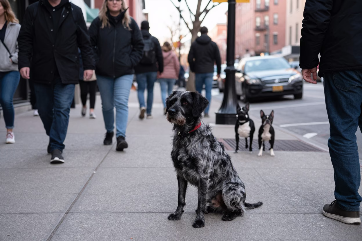 Busy Boston Street Scene Late Morning with German Shorthaired Pointer and Local Pedestrians in in Boston, Massachusetts, United States
