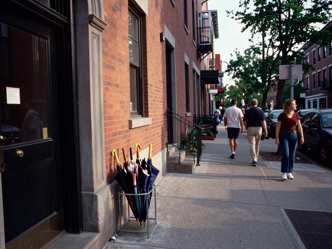 Busy Boston Street Scene Late Morning with Umbrella Stand and Urban Details in in Boston, Massachusetts, United States