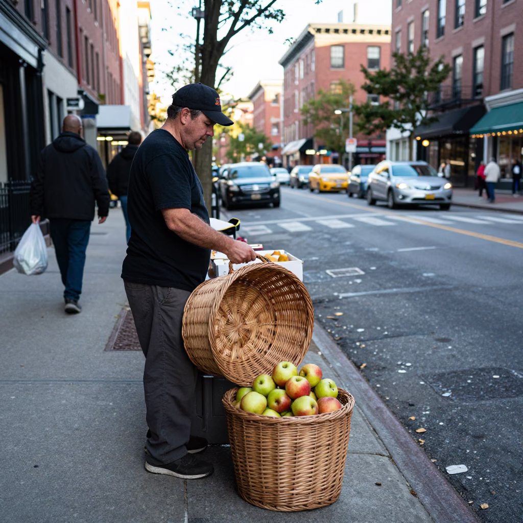 Busy Boston Street Scene Late Morning with Wicker Basket and City Life in in Boston, Massachusetts, United States