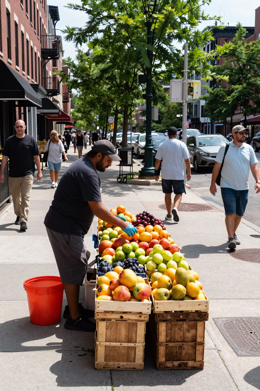 Busy Boston Street Scene Midday with Fruit Vendor and Urban Pedestrians in in Boston, Massachusetts, United States