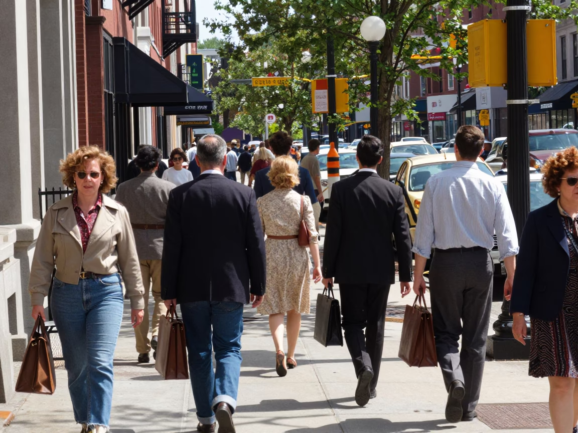 Busy Boston Street Scene Midday with Pedestrians and Urban Architecture in in Boston, Massachusetts, United States