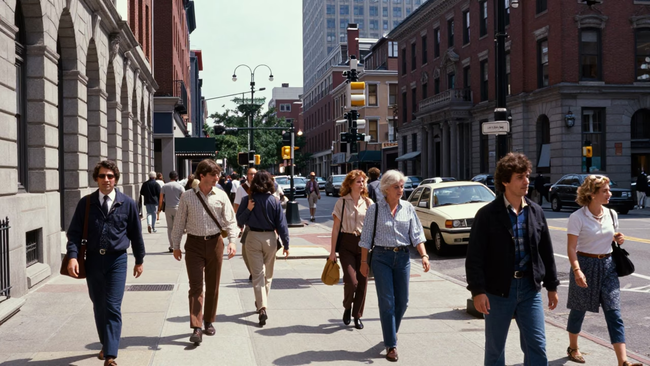 Busy Boston Street Scene Midday with Vintage 1980s Urban Details and Local Activity in in Boston, Massachusetts, United States