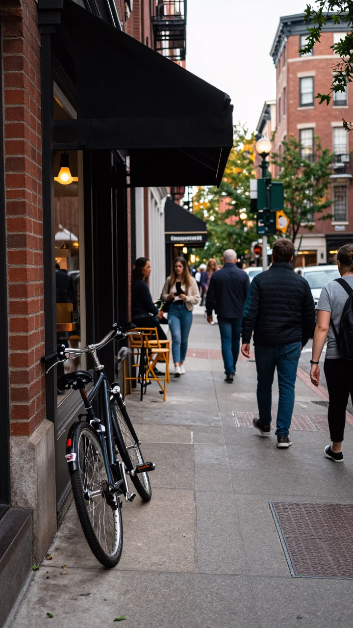 Busy Boston Street Scene with Bicycle Leaning Against Cafe in Early Afternoon in in Boston, Massachusetts, United States