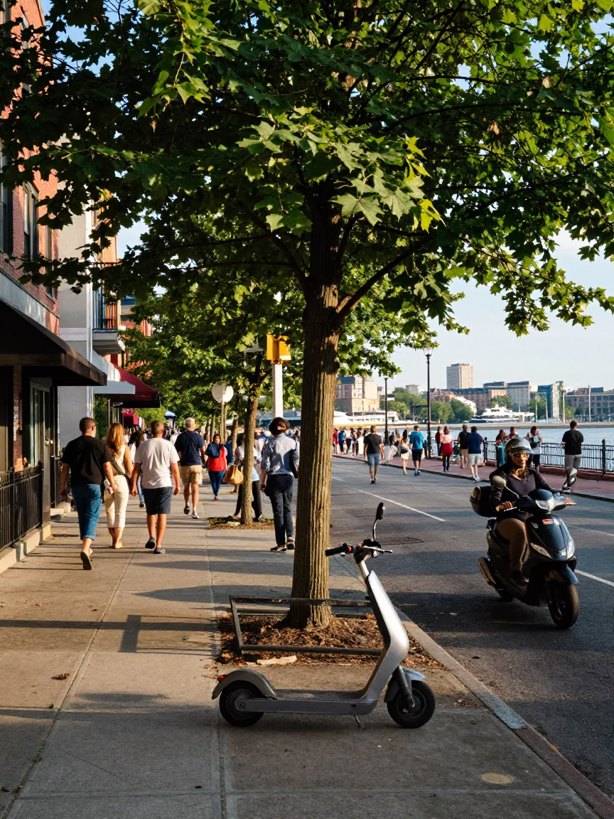 Busy Boston Street Scene with Tree and Scooter on Harbor Promenade in in Boston, Massachusetts, United States