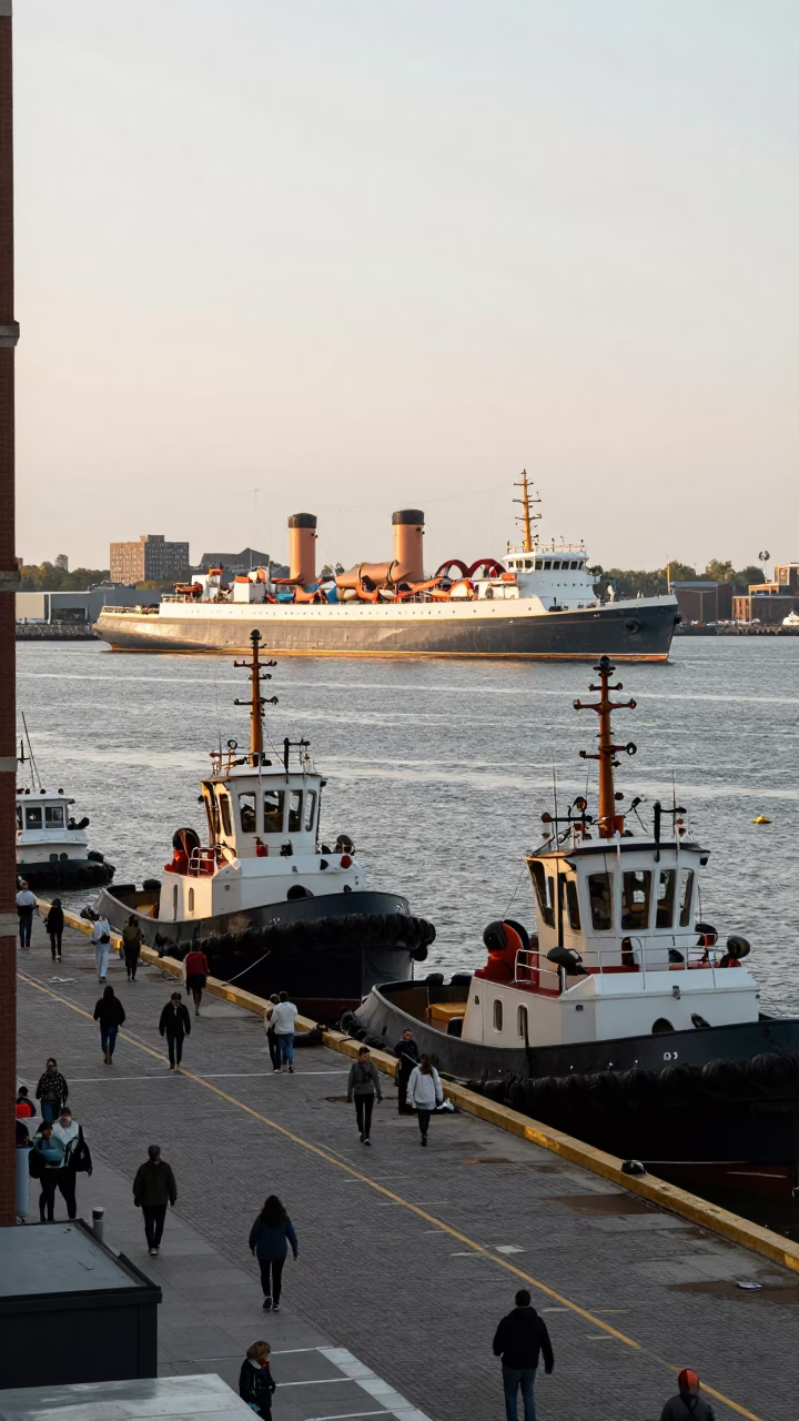 Busy Boston Street Scene with Tugboats and Harbor Swell in Early Afternoon Light in in Boston, Massachusetts, United States
