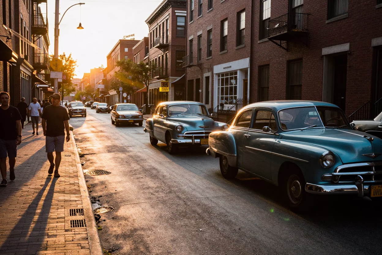 Busy Boston Sunset Street Scene with Vintage Cars and Urban Architecture in in Boston, Massachusetts, United States