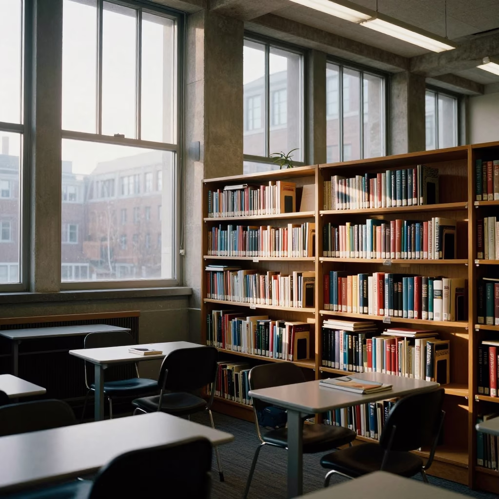 Busy Boston University Seminar Room with Bookshelf and Condensation in Early Afternoon in in Boston, Massachusetts, United States