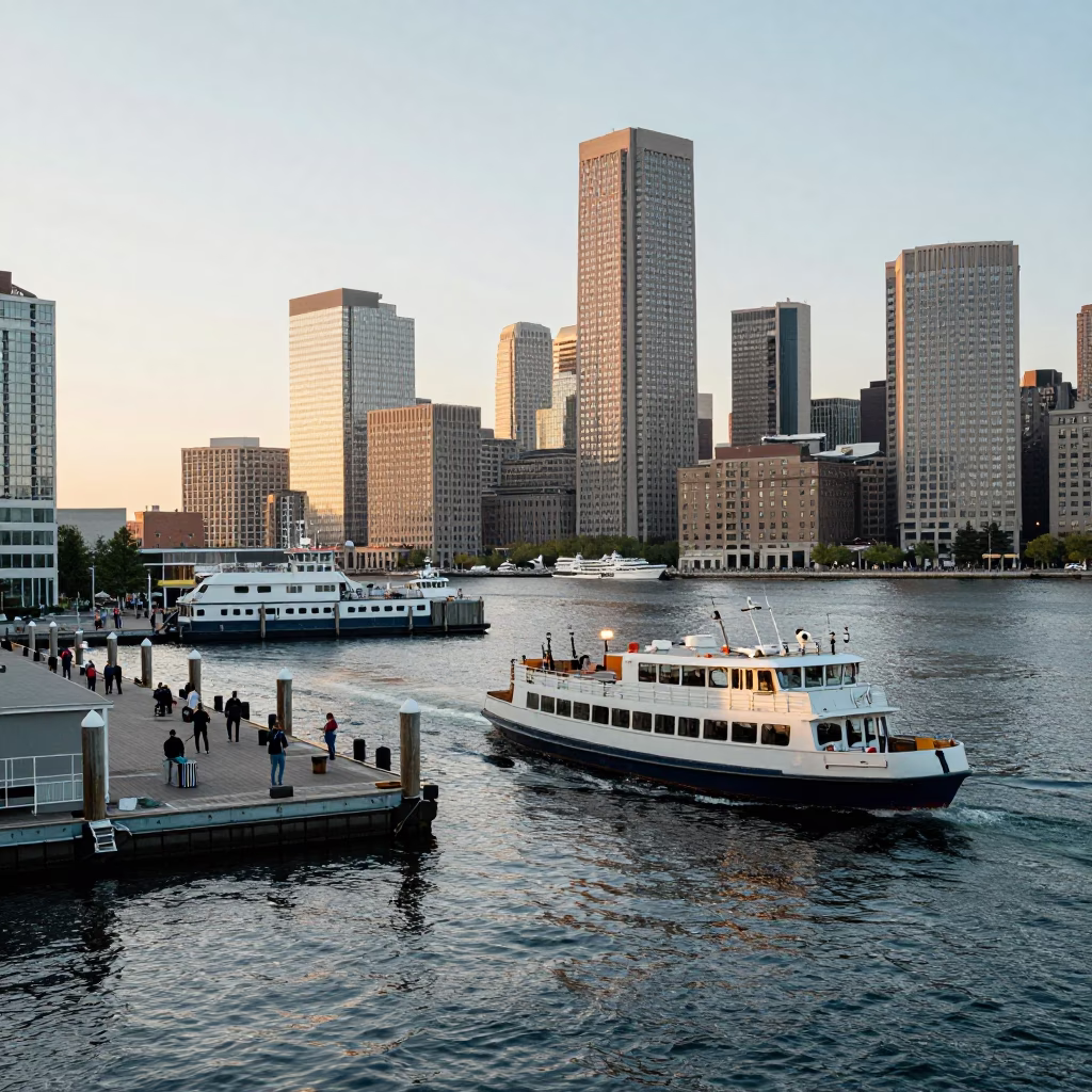 Busy Boston Waterfront Morning with Water Taxi and Docked Junk Boat in First Light in in Boston, Massachusetts, United States