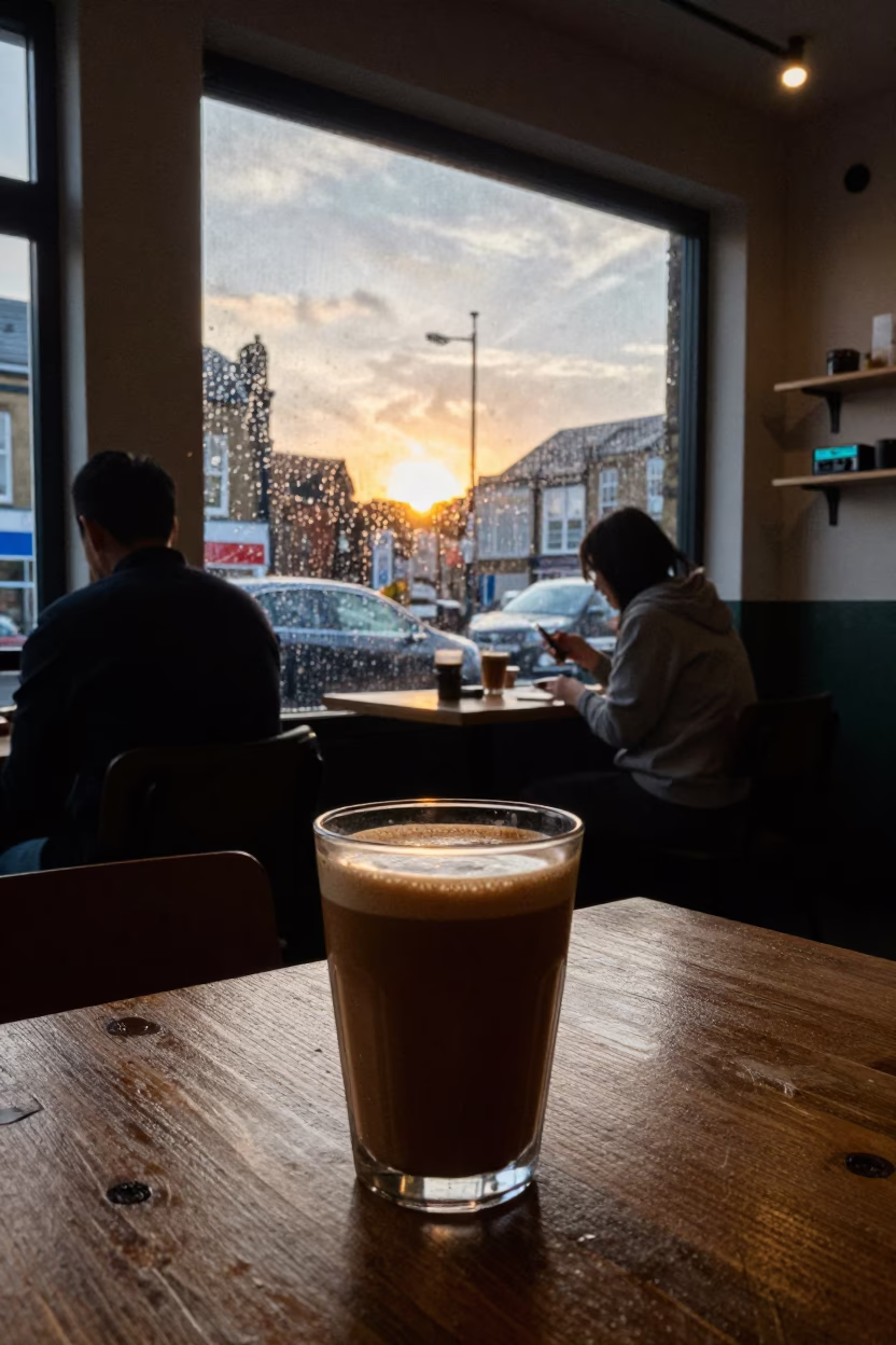 Busy Bristol Cafe Interior with Vietnamese Egg Coffee and Dates at Sunset in in Bristol, United Kingdom