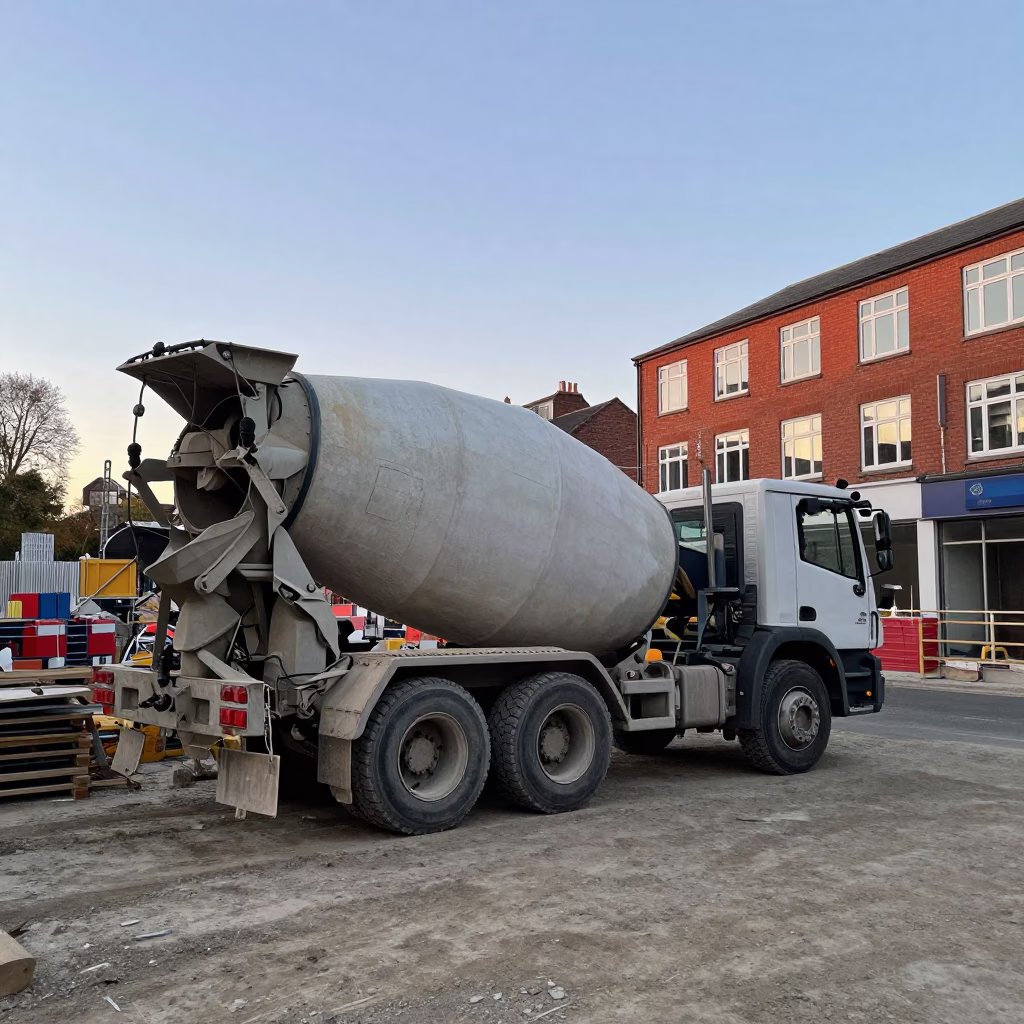 Busy Bristol Construction Site Before Sunrise with Cement Mixer and Clipboard in in Bristol, United Kingdom