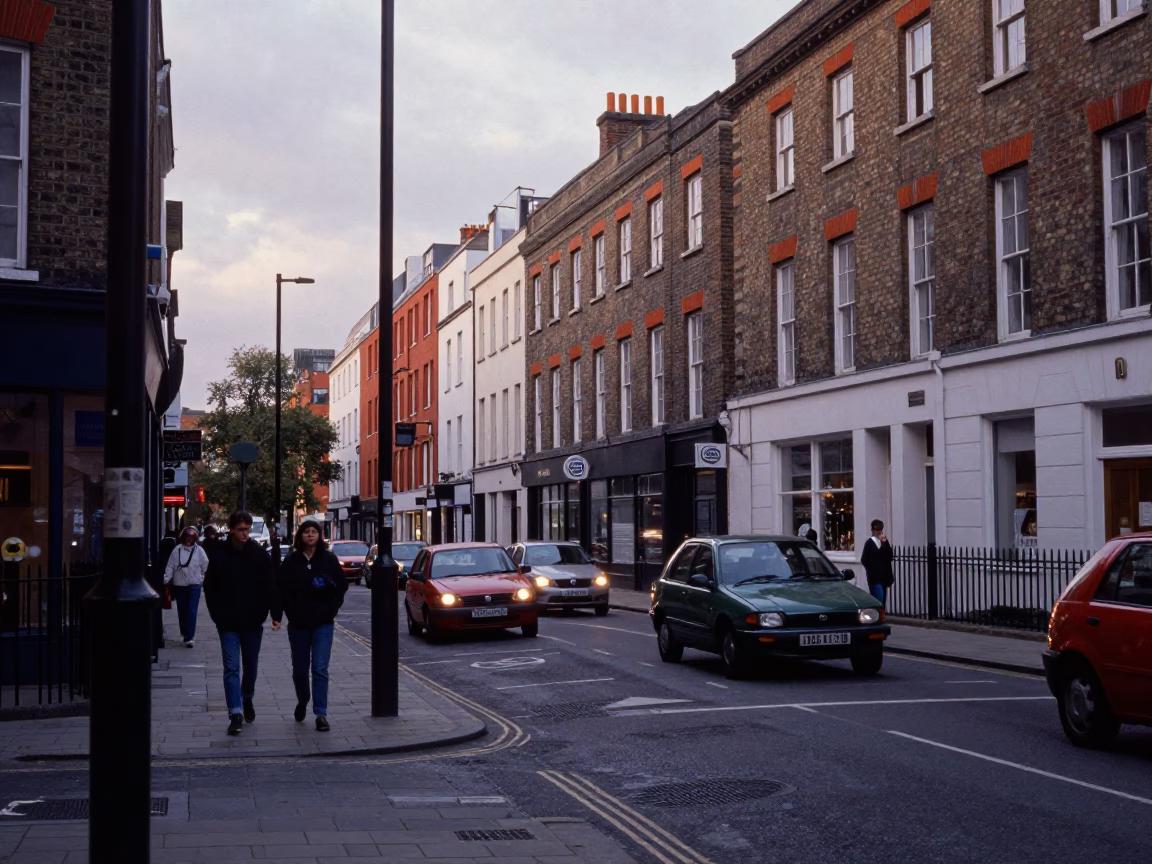 Busy Bristol Early Evening Street Scene with Vintage Vehicles and Urban Architecture in in Bristol, United Kingdom