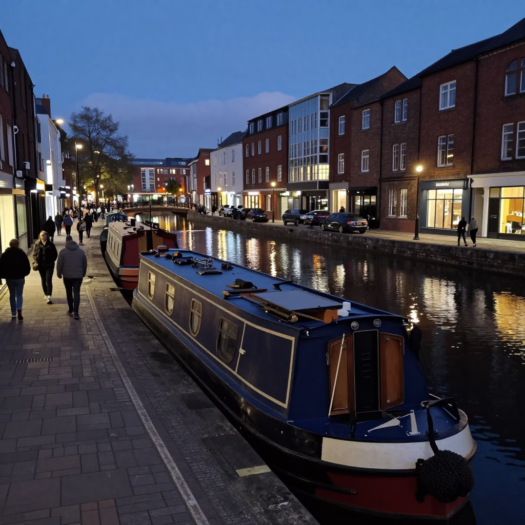 Busy Bristol Evening Scene with Canal Barge and Urban Lights in in Bristol, United Kingdom