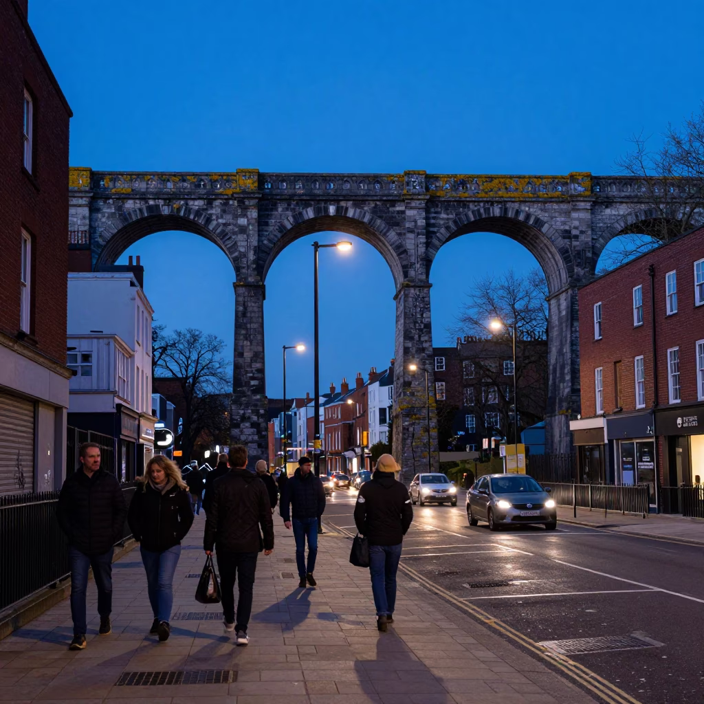 Busy Bristol Evening Street Scene with Aqueduct and Urban Life in Blue Hour Light in in Bristol, United Kingdom