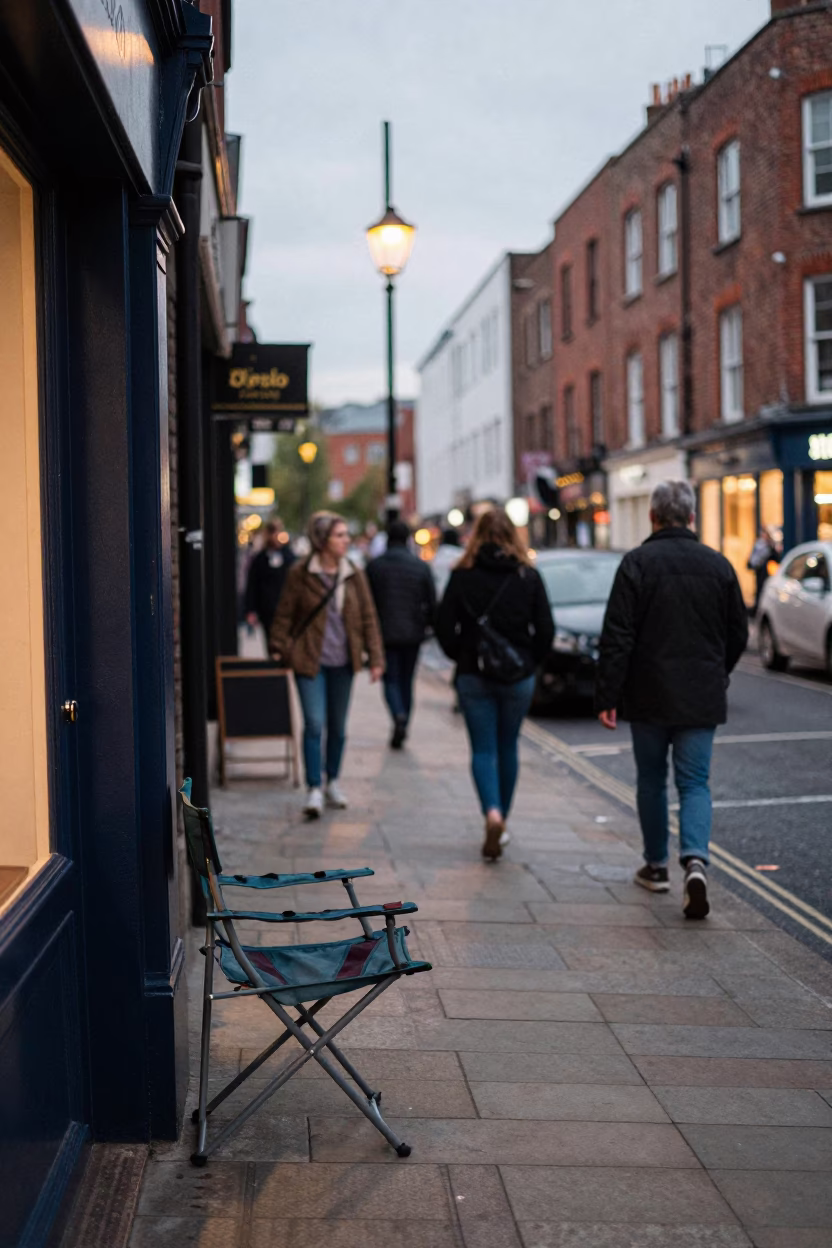 Busy Bristol Evening Street Scene with Folding Chair and Hot Chocolate in United Kingdom in in Bristol, United Kingdom