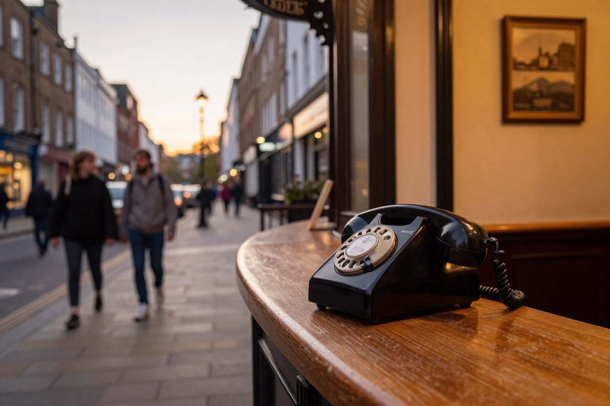 Busy Bristol Evening Street Scene with Vintage Bakelite Telephone and Local Interaction in in Bristol, United Kingdom