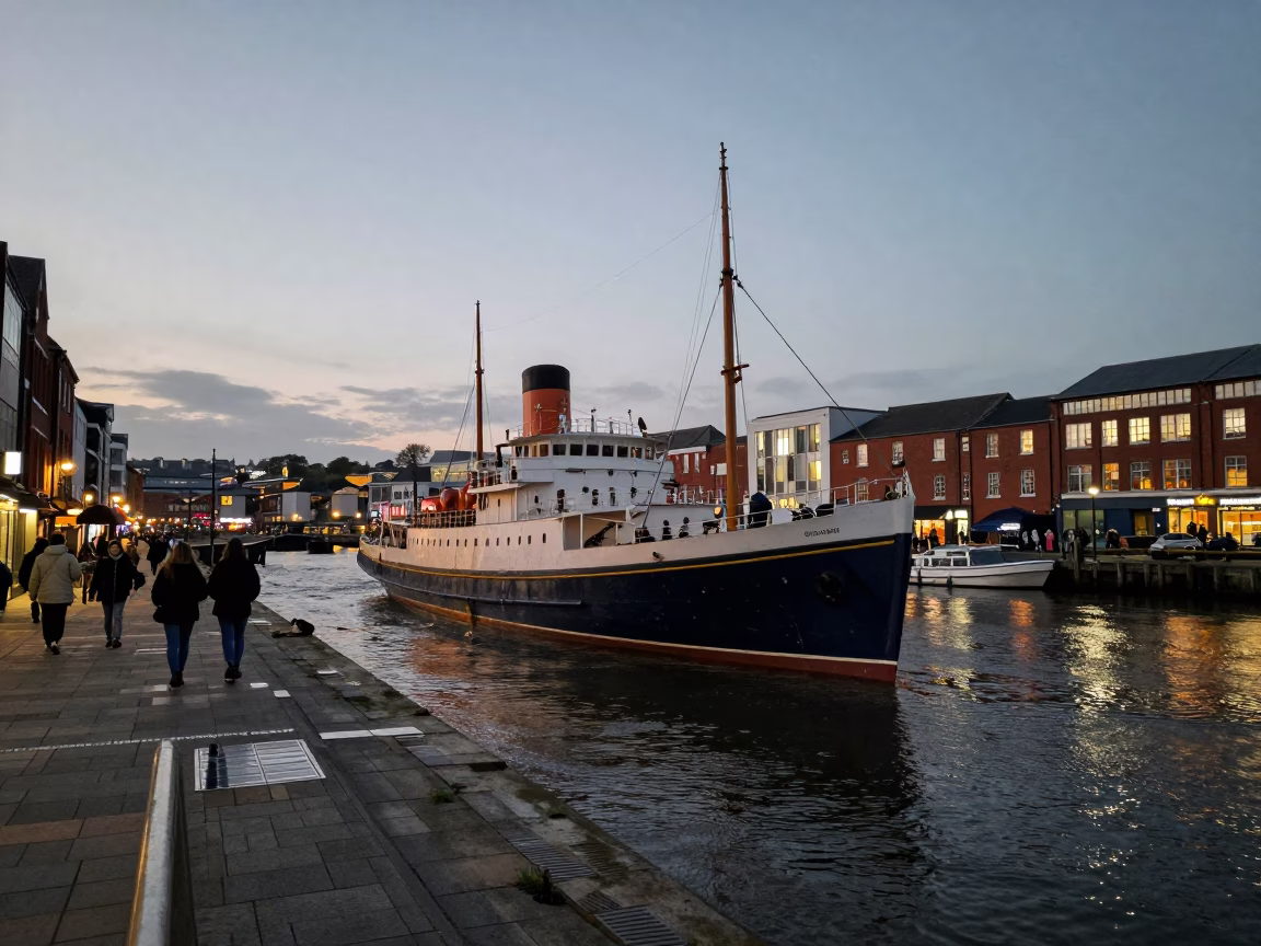 Busy Bristol Harbor Evening with Steamship and Local Service Tunnel Reflections in in Bristol, United Kingdom
