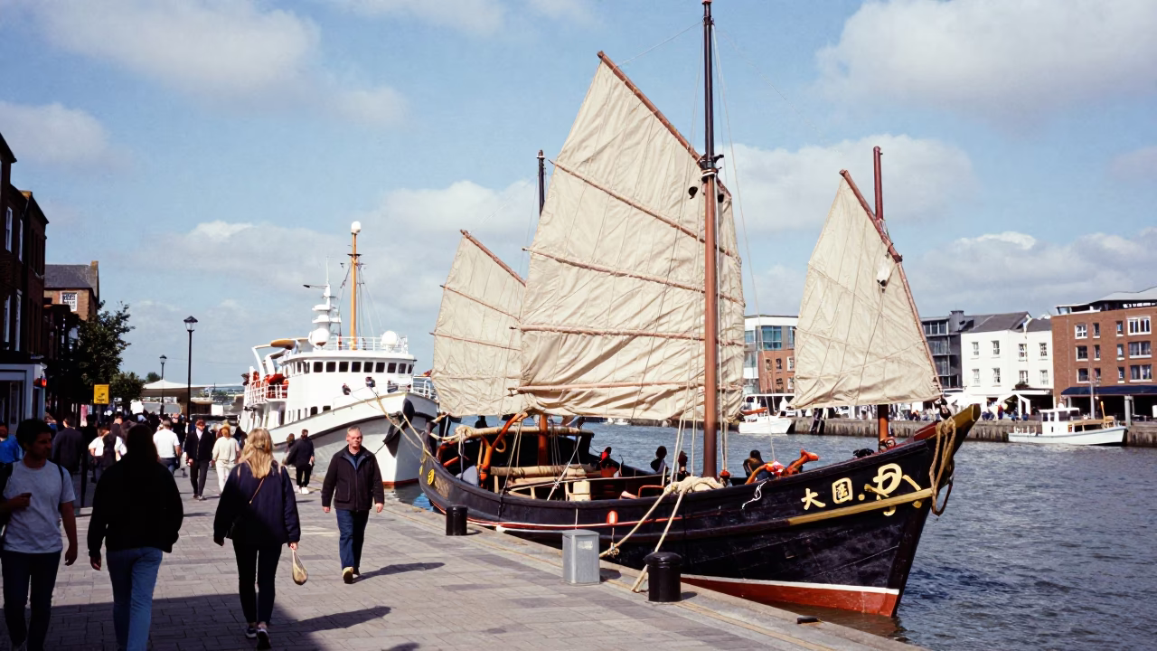 Busy Bristol Harbor Midday Scene with Historic Ships and Local Life in in Bristol, United Kingdom