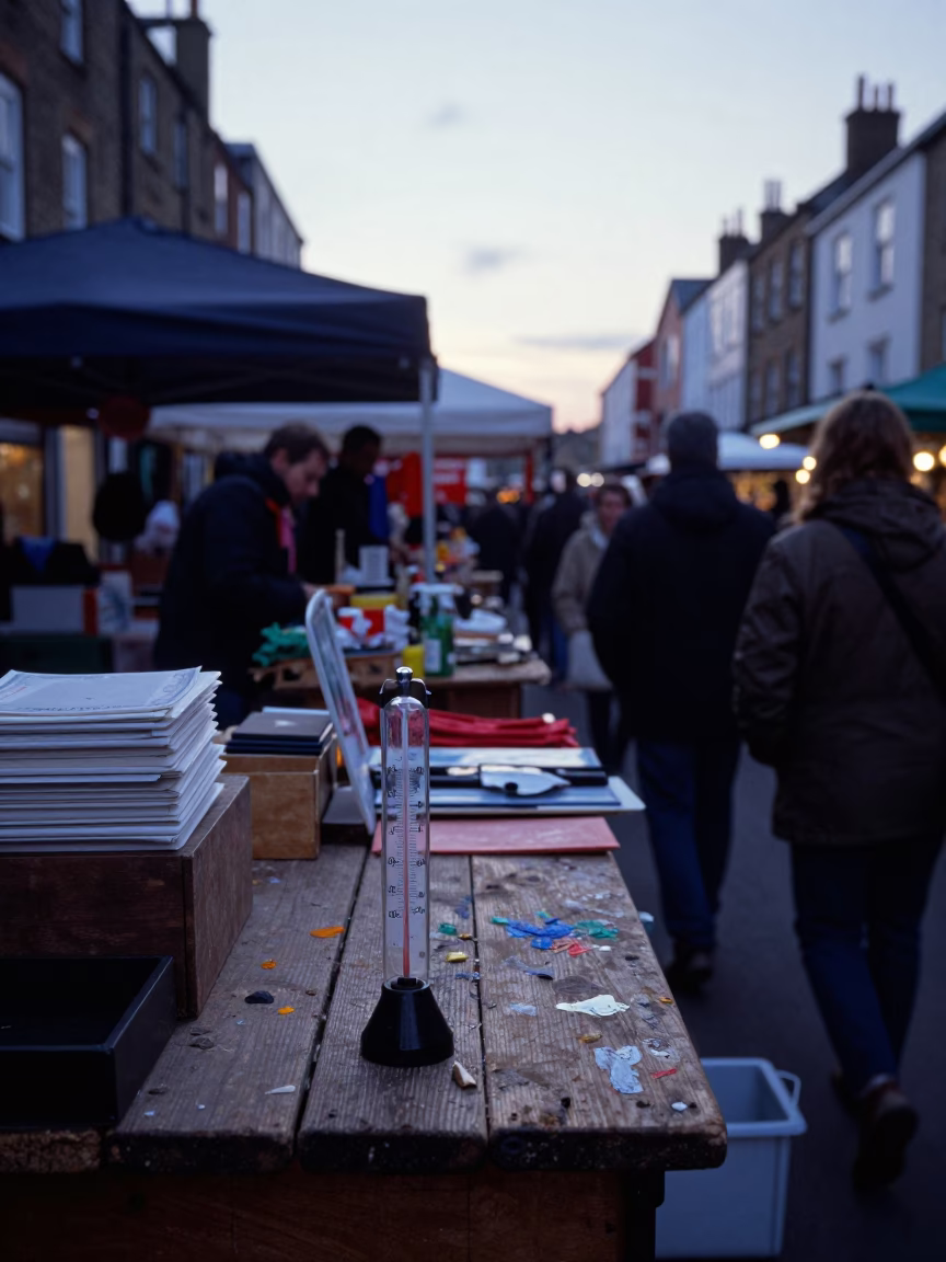 Busy Bristol Market Stall Before Sunrise with Paint Flecks and Thermometer in in Bristol, United Kingdom