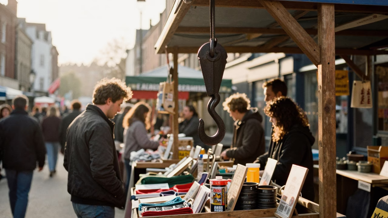 Busy Bristol Market Stall Early Morning with Iron Hook and Canisters in in Bristol, United Kingdom