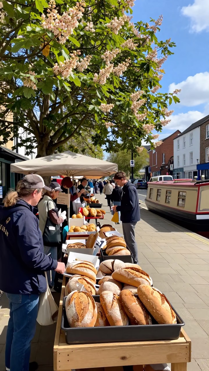 Busy Bristol Market Stall with Chestnut Tree and Houseboat Canal View in in Bristol, United Kingdom