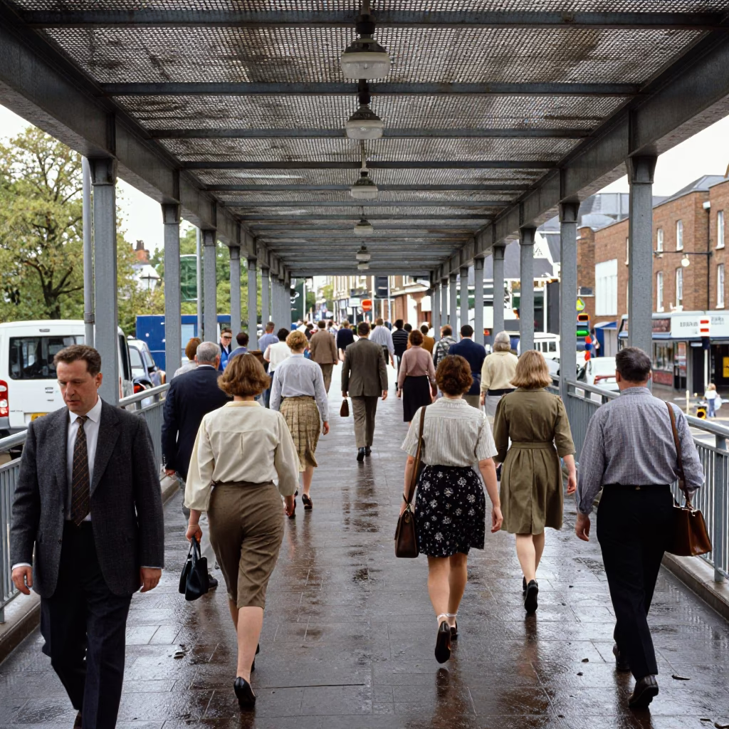 Busy Bristol Midday Pedestrian Overpass with Perforated Metal and Wet Footsteps in in Bristol, United Kingdom