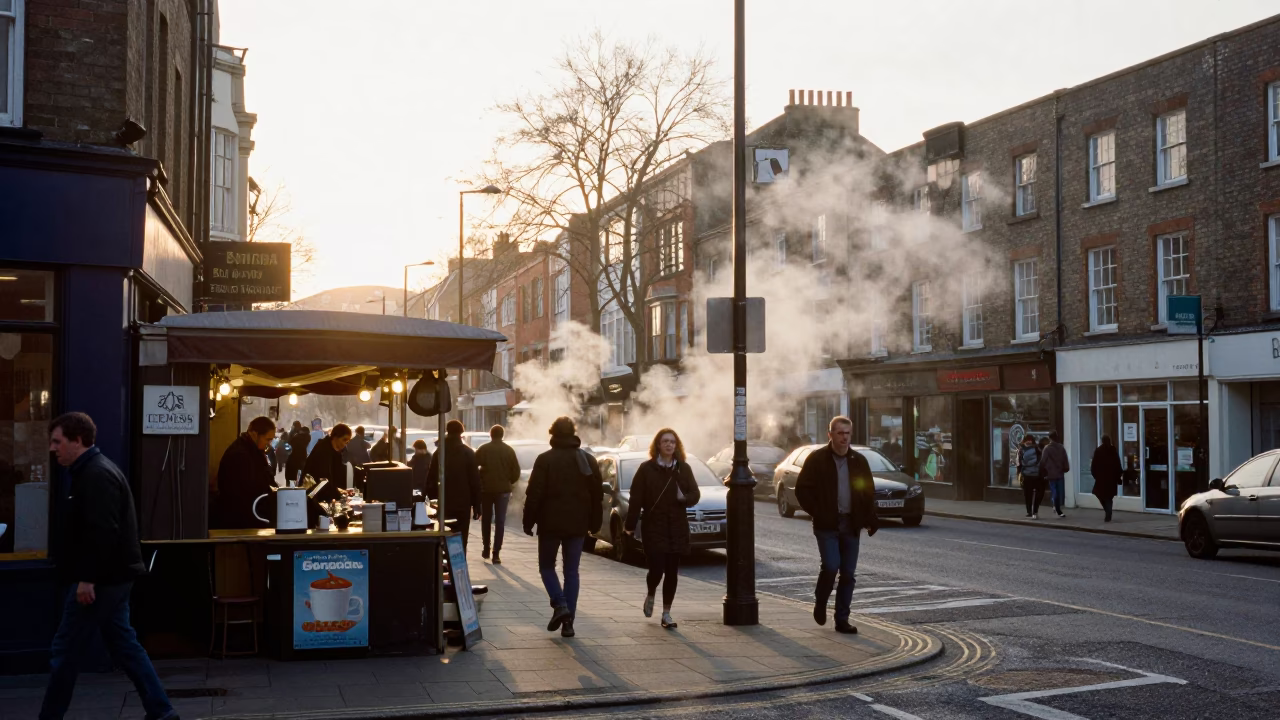 Busy Bristol Street Corner After Sunrise with Local Commuters and Urban Details in in Bristol, United Kingdom