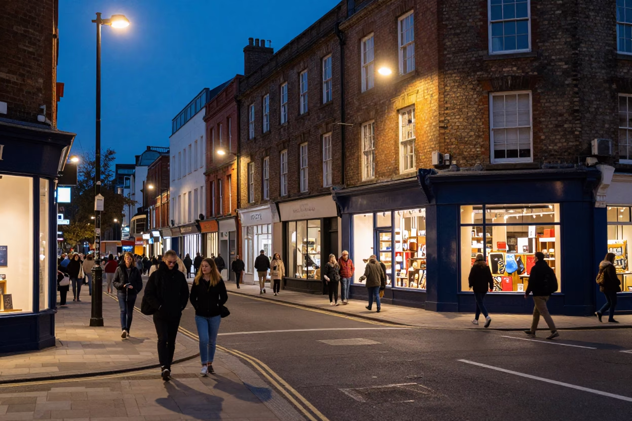Busy Bristol Street Corner at Twilight with Urban Life and City Lights in in Bristol, United Kingdom