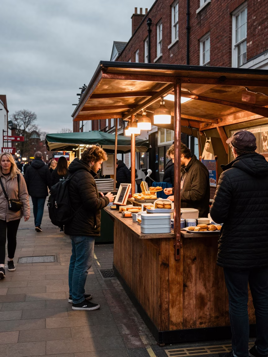 Busy Bristol Street Corner in Copper Toned Light Before Dusk with Cluttered Market Stall in in Bristol, United Kingdom