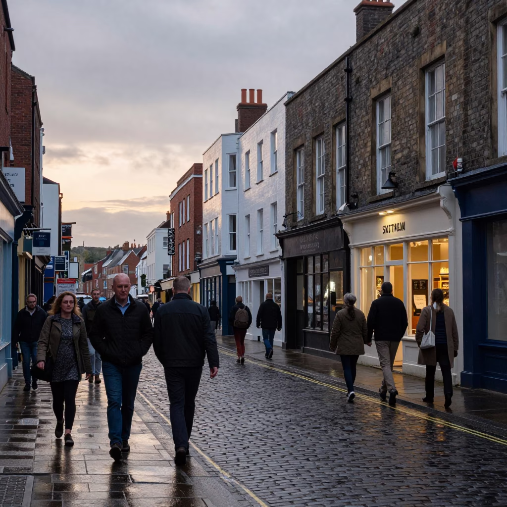 Busy Bristol Street Scene at Nautical Dawn with Local Commuters and Vintage Vehicles in in Bristol, United Kingdom
