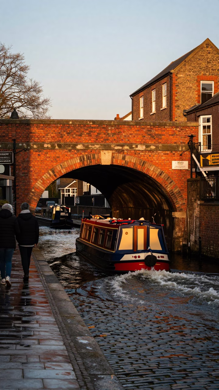 Busy Bristol Street Scene at Sunset with Narrowboat and Brick Canal Tunnel in in Bristol, United Kingdom
