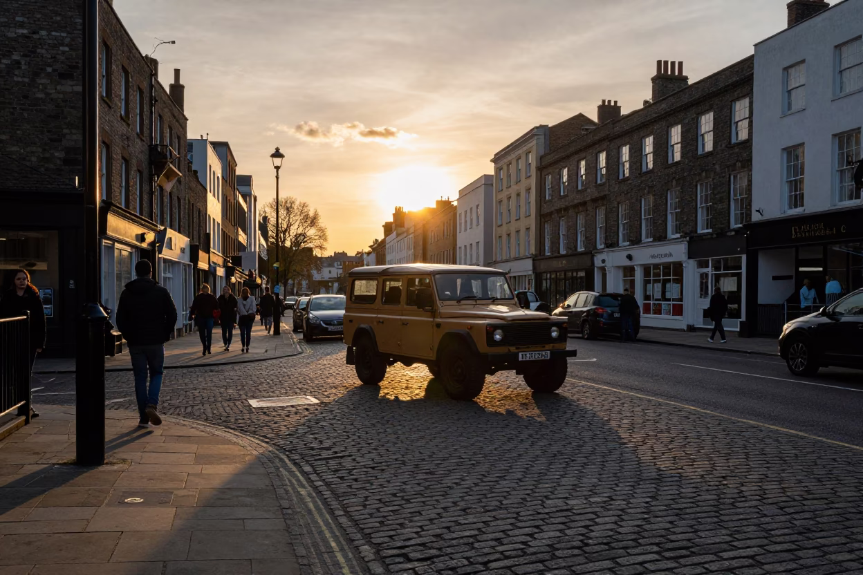 Busy Bristol Street Scene at Sunset with Vintage Car and Pedestrians in in Bristol, United Kingdom
