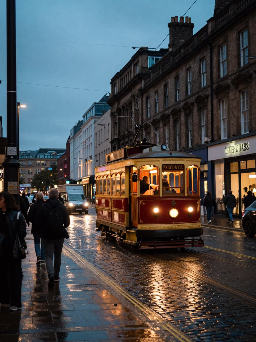 Busy Bristol Street Scene at Twilight with Heritage Tram and Urban Details in in Bristol, United Kingdom