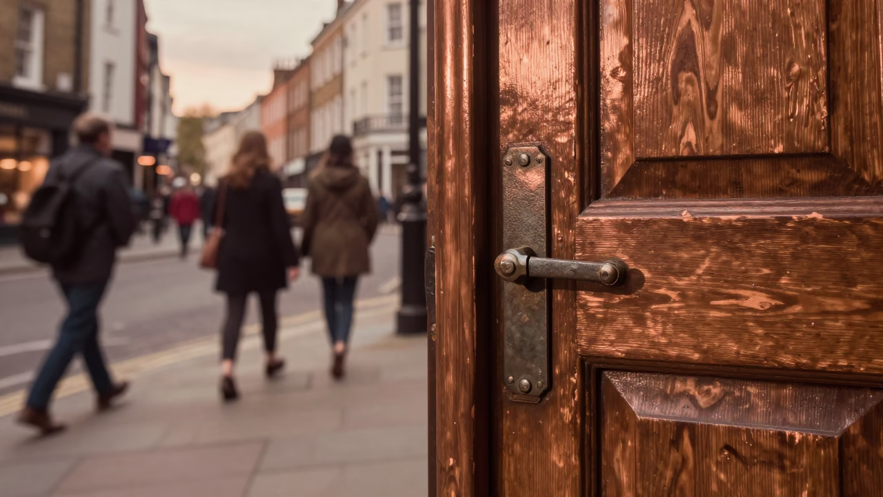 Busy Bristol Street Scene Before Dusk with Deadbolt Detail and Urban Texture in in Bristol, United Kingdom