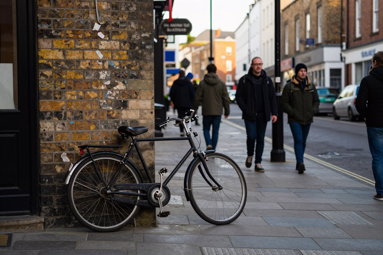Busy Bristol Street Scene Early Afternoon with Vintage Bicycle and Construction Activity in in Bristol, United Kingdom