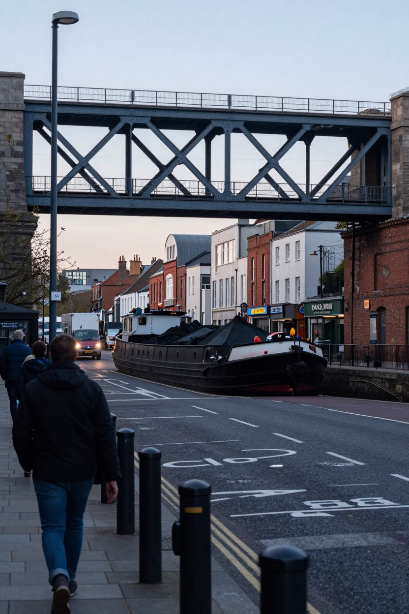 Busy Bristol Street Scene Early Evening with Coal Barge Under Railroad Bridge in in Bristol, United Kingdom