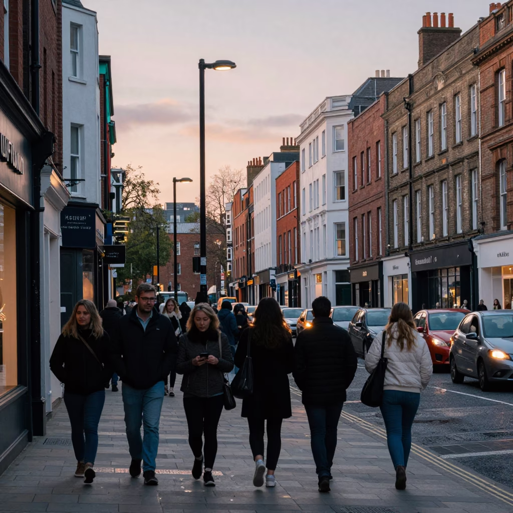 Busy Bristol Street Scene Early Evening with Pedestrians and Urban Architecture in in Bristol, United Kingdom