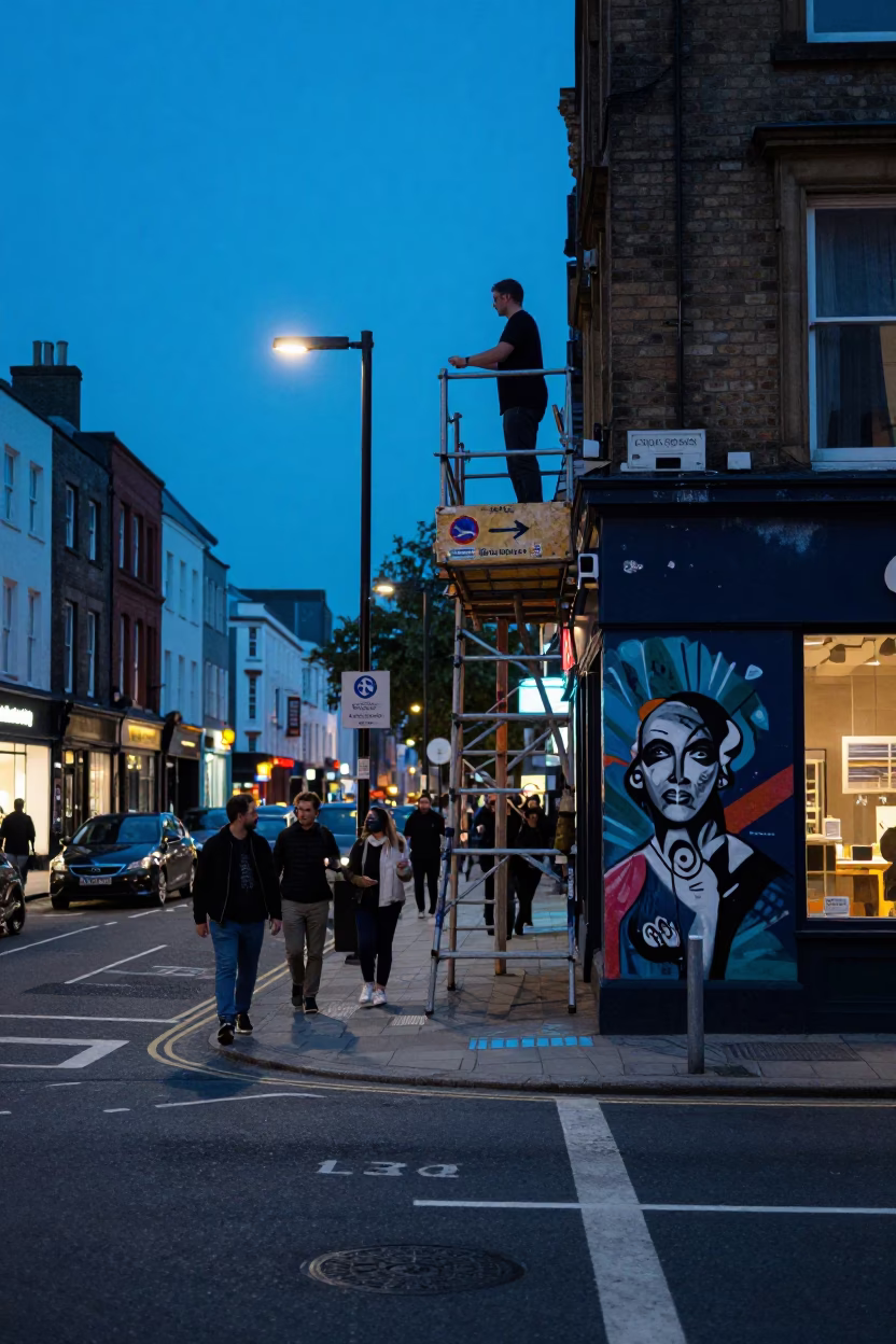 Busy Bristol Street Scene in Evening Blue Light with Scaffold and Mural Swatches in in Bristol, United Kingdom