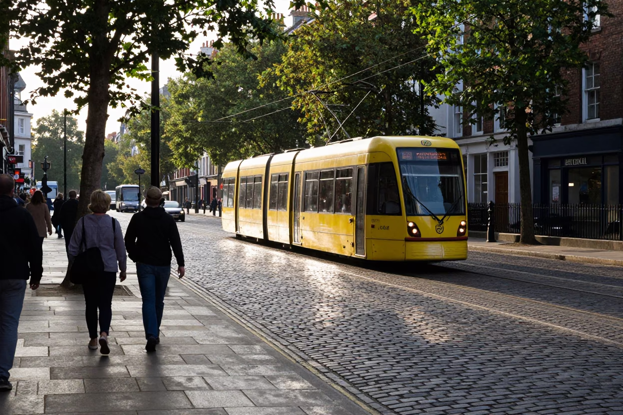 Busy Bristol Street Scene Late Afternoon Tramcar and Cobblestone Pavement in United Kingdom in in Bristol, United Kingdom