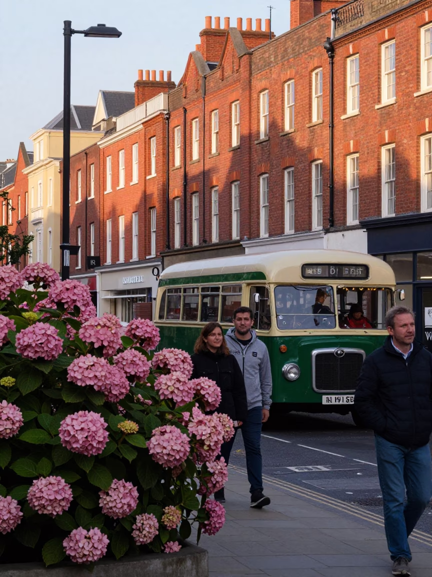 Busy Bristol Street Scene Late Afternoon with Hydrangea Bush and Vintage British Transport in in Bristol, United Kingdom