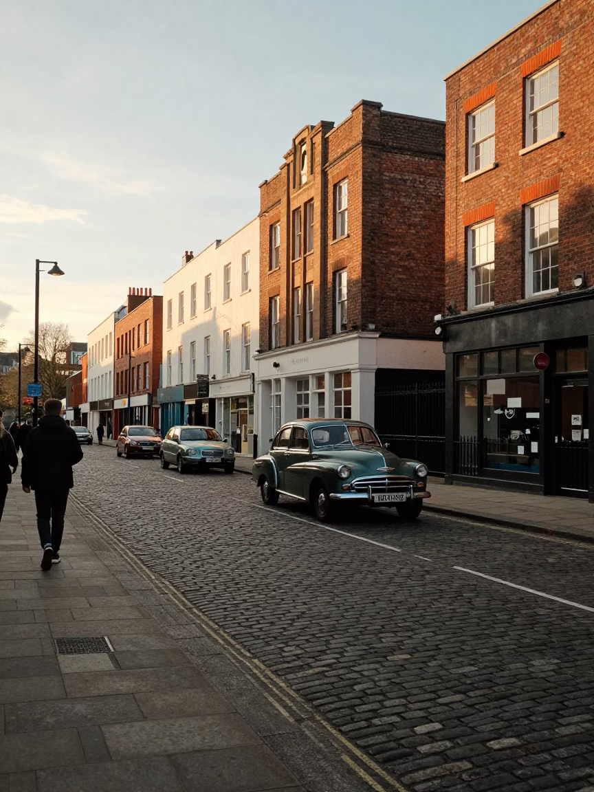 Busy Bristol Street Scene Late Afternoon with Vintage Car and Pedestrians in in Bristol, United Kingdom