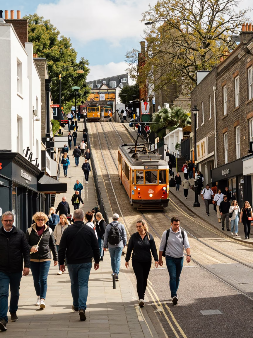 Busy Bristol Street Scene Midday with Steep Hill Tram and Colorful Urban Details in in Bristol, United Kingdom