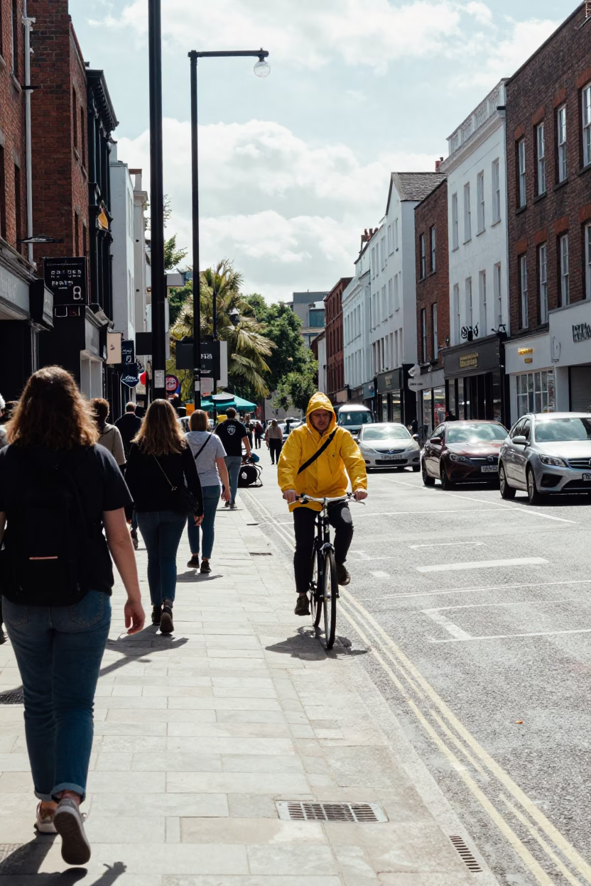 Busy Bristol Street Scene Under Flat Noon Light with Vintage 1980s Details in in Bristol, United Kingdom