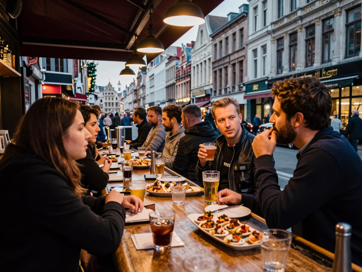 Busy Brussels Bar Counter with Pintxos and Local Evening Activity in Belgium in in Brussels, Belgium