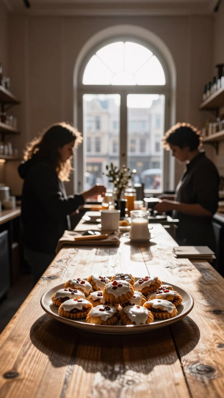 Busy Brussels Breakfast Cafe Counter with Wicker Shadows and Date Cookies at Sunrise in in Brussels, Belgium