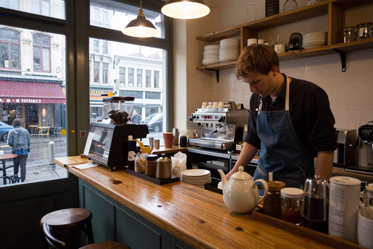Busy Brussels cafe counter with aprons and teapot in morning light in in Brussels, Belgium