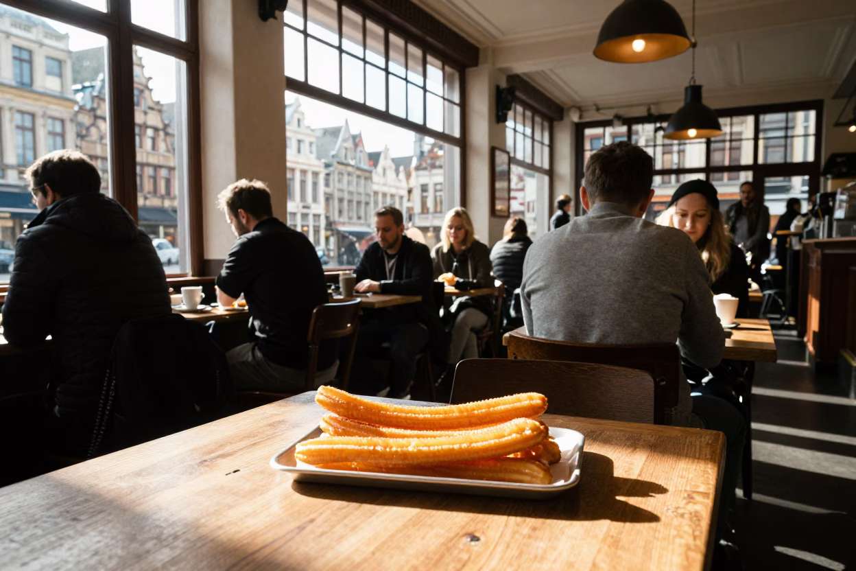 Busy Brussels Cafe Interior with Patrons and Churros on Wooden Table in in Brussels, Belgium