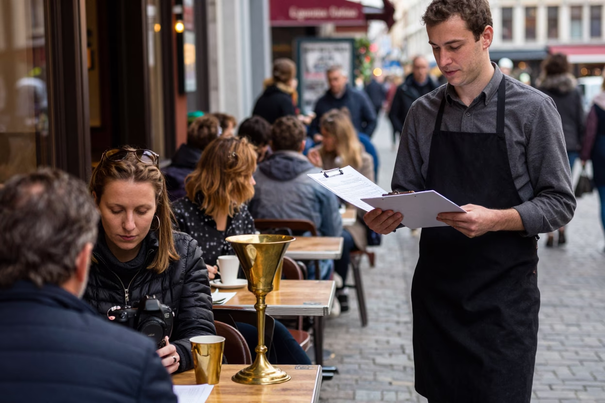 Busy Brussels Cafe Street Scene with Clipboard and Brass Cup in Late Afternoon Light in in Brussels, Belgium