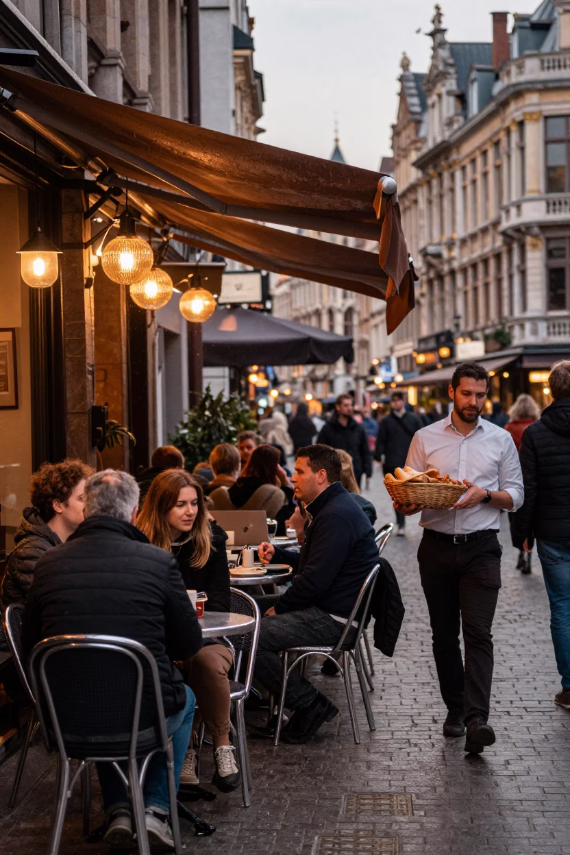Busy Brussels Cafe Terrace in Copper Dusk with Condensation on Doorframe and Bread Basket in in Brussels, Belgium
