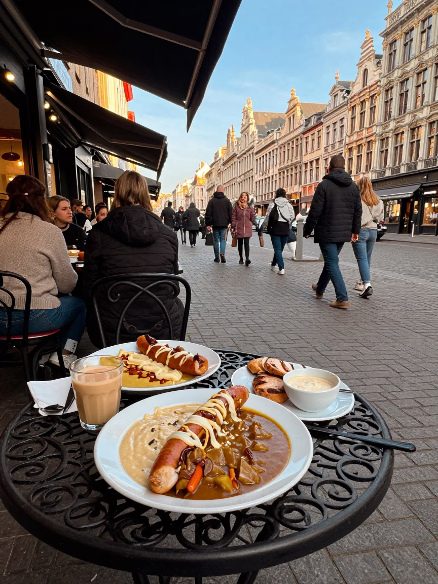 Busy Brussels Cafe Terrace Late Afternoon Currywurst and Miso Soup in in Brussels, Belgium